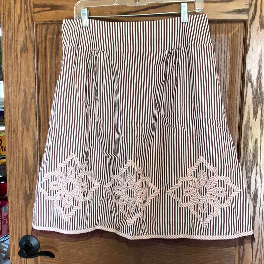 Ann Taylor Loft Y2K A line Brown White Striped applique Detail Sz 10 100% Cotton